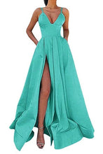 Load image into Gallery viewer, Spaghetti Strap Fuchsia Satin High Slit Long Prom Dress 2020 Plus Size Prom Dresses Girls A Line vestidos de graduacion Formal