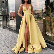 Load image into Gallery viewer, Spaghetti Strap Fuchsia Satin High Slit Long Prom Dress 2020 Plus Size Prom Dresses Girls A Line vestidos de graduacion Formal