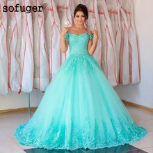 Load image into Gallery viewer, Sky Blue Sofuge Tulle Off The Shoulder Appliques Ball Gown Puffy Pleat Quinceanera Dresses Debutante Vestido 15 Anos Festa