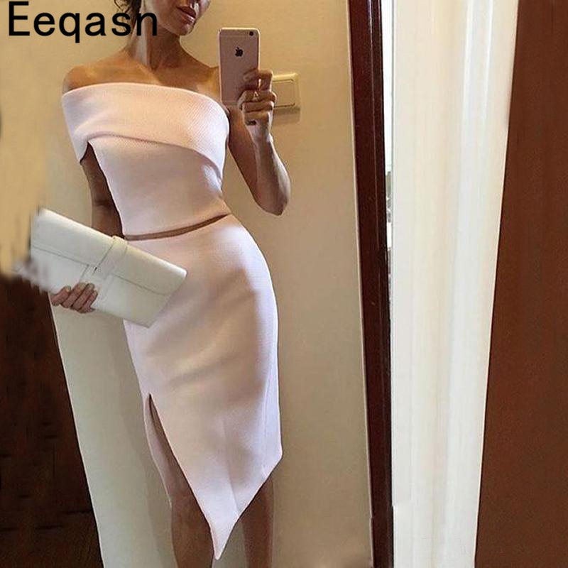 Two Pieces Knee Length Cocktail Dresses White Women Formal Party Gowns 2020 Sexy Side Split  robe de cocktail