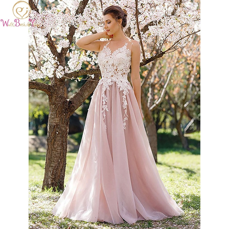 Light Pink Prom Dresses 2020 Elegant Lace Applique Tulle Long  Evening Dress O Neck Sleeveless A Line Chic Party Walk Beside You