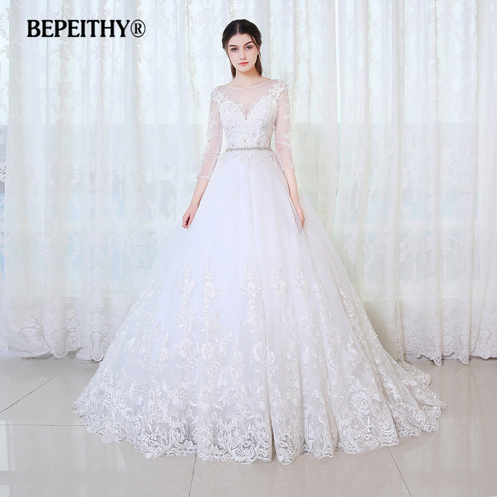 BEPEITHY Ball Gown Princess Wedding Dress Full Sleeves With Belt Vestido De Novia 2020 Lace Vintage Bridal Dresses Casamento