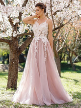 Load image into Gallery viewer, Light Pink Prom Dresses 2020 Elegant Lace Applique Tulle Long  Evening Dress O Neck Sleeveless A Line Chic Party Walk Beside You
