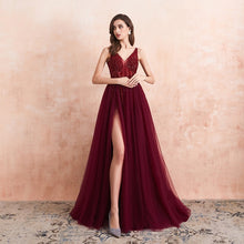 Load image into Gallery viewer, Sexy Tulle Long Prom Dresses 2020 New Arrival Beaded Split A-Line V-Neck Special Occasion Evening Party Gown
