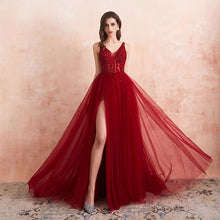 Load image into Gallery viewer, Sexy Tulle Long Prom Dresses 2020 New Arrival Beaded Split A-Line V-Neck Special Occasion Evening Party Gown
