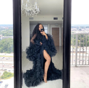 Fashion Ruffles Tulle Kimono Women Dress Robe Extra Puffy Prom Party Dresses Puffy Sleeves African Cape Cloak Pregnant Gowns