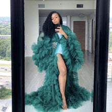 Load image into Gallery viewer, Fashion Ruffles Tulle Kimono Women Dress Robe Extra Puffy Prom Party Dresses Puffy Sleeves African Cape Cloak Pregnant Gowns
