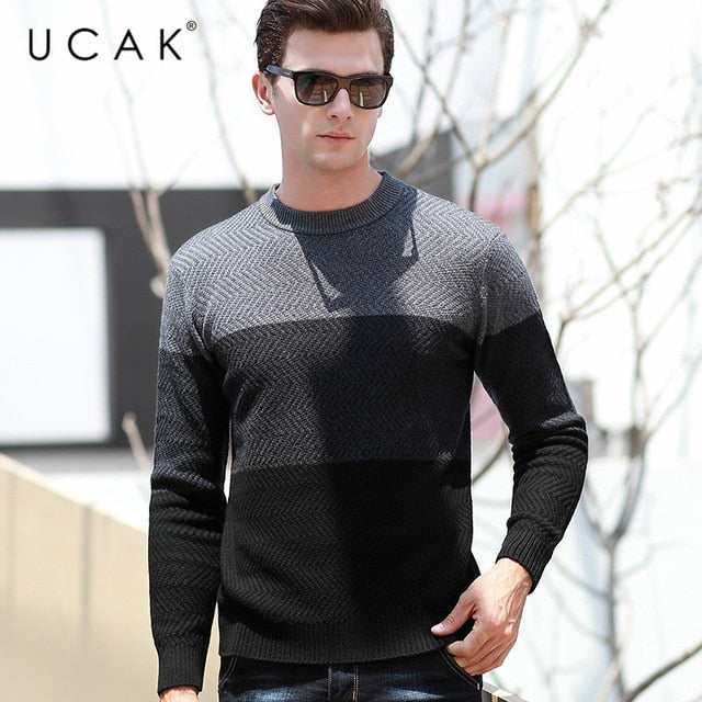 UCAK Brand Sweater Men Autumn Winter Pure Merino Wool Casual Streetwear Pull Homme Fashion Trend O-Neck Striped Sweaters U3141