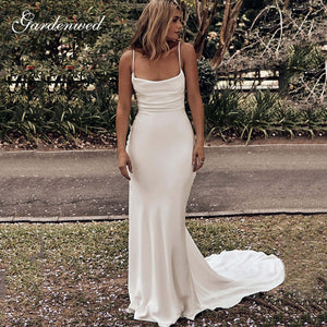 Feminine Silk Satin Mermaid Wedding Dresses 2020 Sexy Criss Cross Back Spaghetti Straps Trumpet Bridal Gowns