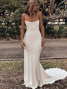 Feminine Silk Satin Mermaid Wedding Dresses 2020 Sexy Criss Cross Back Spaghetti Straps Trumpet Bridal Gowns