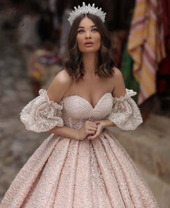 Fashion Pink Off the Shoulder Sweetheart Short Sleeve Pleated Lace Prom Dresses