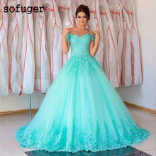 Load image into Gallery viewer, Sky Blue Sofuge Tulle Off The Shoulder Appliques Ball Gown Puffy Pleat Quinceanera Dresses Debutante Vestido 15 Anos Festa
