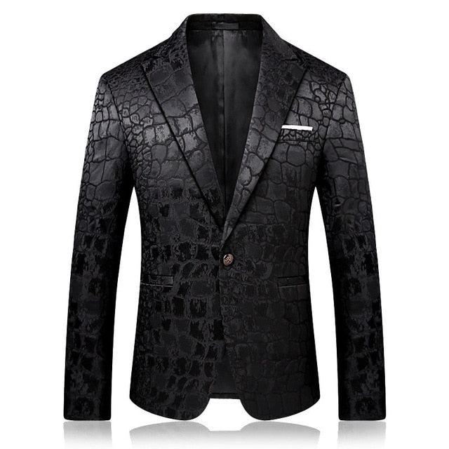 Stylish Crocodile Pattern Blazer Men Black Slim Fit Costume DJ Homme Embroidered Party Dress Mens Fashion Blazer JacKets M-4XL