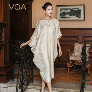 VOA Plus Size Loose Silk Muslim Robe Hijab Dress Beige Bat Half Sleeve Casual Women Irregular Long Dresses Abaya Islam ALJ01601