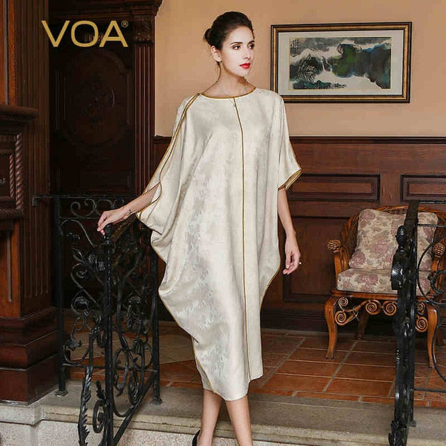 VOA Plus Size Loose Silk Muslim Robe Hijab Dress Beige Bat Half Sleeve Casual Women Irregular Long Dresses Abaya Islam ALJ01601